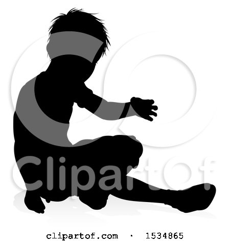 Clipart of a Silhouetted Boy Playing with a Reflection or Shadow, on a White Background - Royalty Free Vector Illustration by AtStockIllustration