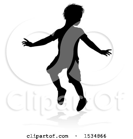 Clipart of a Silhouetted Boy Playing with a Reflection or Shadow, on a White Background - Royalty Free Vector Illustration by AtStockIllustration