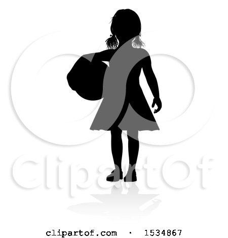 Clipart of a Silhouetted Girl Holding a Ball with a Reflection or Shadow, on a White Background - Royalty Free Vector Illustration by AtStockIllustration