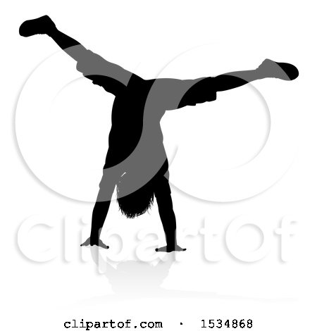 Clipart of a Silhouetted Boy Doing a Hand Stand with a Reflection or Shadow, on a White Background - Royalty Free Vector Illustration by AtStockIllustration