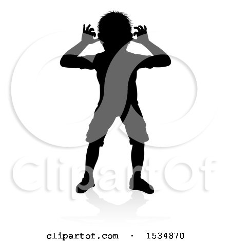 Clipart of a Silhouetted Boy Teasing with a Reflection or Shadow, on a White Background - Royalty Free Vector Illustration by AtStockIllustration