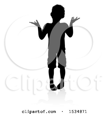 Clipart of a Silhouetted Boy Shrugging with a Reflection or Shadow, on a White Background - Royalty Free Vector Illustration by AtStockIllustration