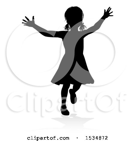 Clipart of a Silhouetted Girl Playing with a Reflection or Shadow, on a White Background - Royalty Free Vector Illustration by AtStockIllustration