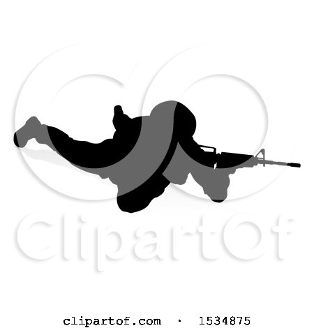 Clipart of a Silhouetted Soldier Sniper, with a Reflection or Shadow, on a White Background - Royalty Free Vector Illustration by AtStockIllustration