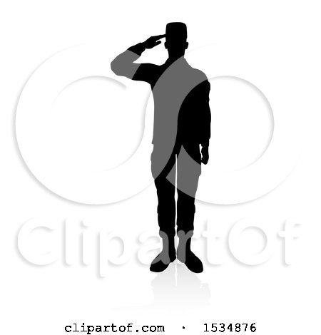 Clipart of a Silhouetted Soldier Soluting, with a Reflection or Shadow, on a White Background - Royalty Free Vector Illustration by AtStockIllustration