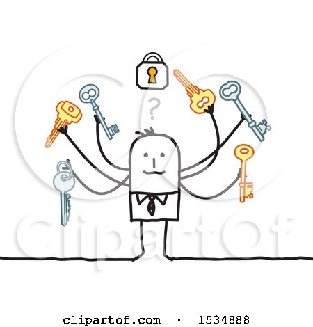 Clipart of a Stick Business Man Trying to Find the Correct Key for a Padlock - Royalty Free Vector Illustration by NL shop