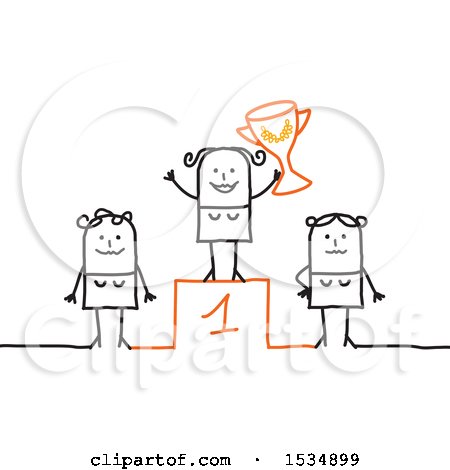 Clipart of a Stick Woman Holding a Trophy on a First Place Podium - Royalty Free Vector Illustration by NL shop