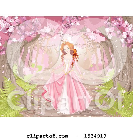 Clipart of a Beautiful Spring Time Princess Under Blossoming Trees in the Woods - Royalty Free Vector Illustration by Pushkin