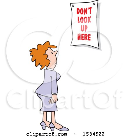 Clipart of a White Business Woman Looking at a Dont Look up Here Sign - Royalty Free Vector Illustration by Johnny Sajem