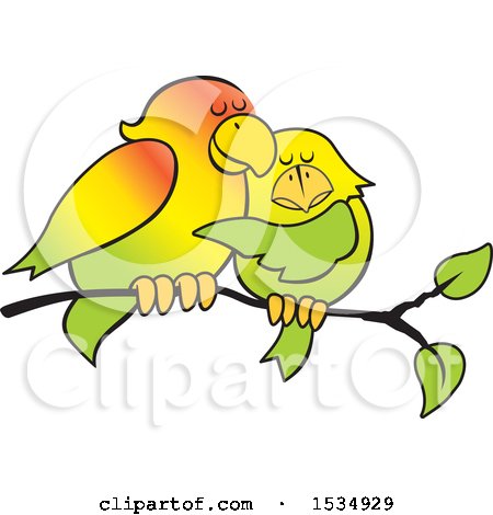 Clipart of a Pair of Love Birds Cuddling on a Branch - Royalty Free Vector Illustration by Johnny Sajem