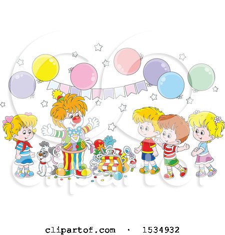 Clipart of a Clown Entertaining Kids at a Birthday Party - Royalty Free Vector Illustration by Alex Bannykh
