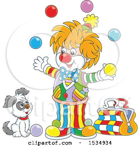 Clipart of a Dog Watching a Party Clown Juggle - Royalty Free Vector Illustration by Alex Bannykh