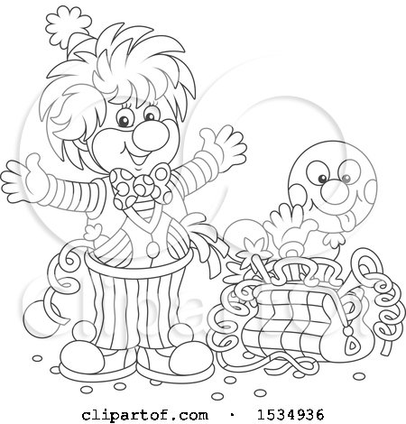 Clipart of a Black and White Party Clown with a Bag of Tricks - Royalty Free Vector Illustration by Alex Bannykh
