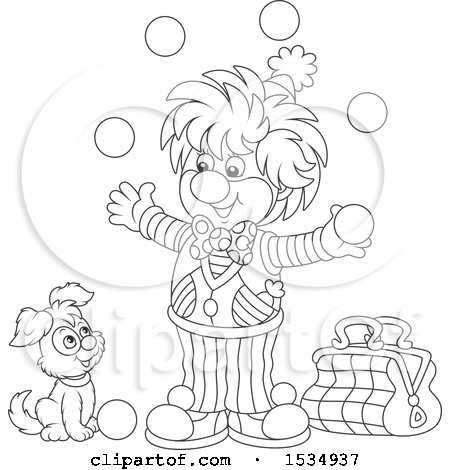 Clipart of a Black and White Dog Watching a Party Clown Juggle - Royalty Free Vector Illustration by Alex Bannykh