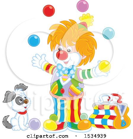 Clipart of a Dog Watching a Clown Juggle - Royalty Free Vector Illustration by Alex Bannykh