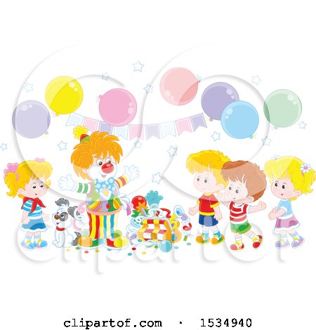 Clipart of a Party Clown Entertaining Children at a Party - Royalty Free Vector Illustration by Alex Bannykh