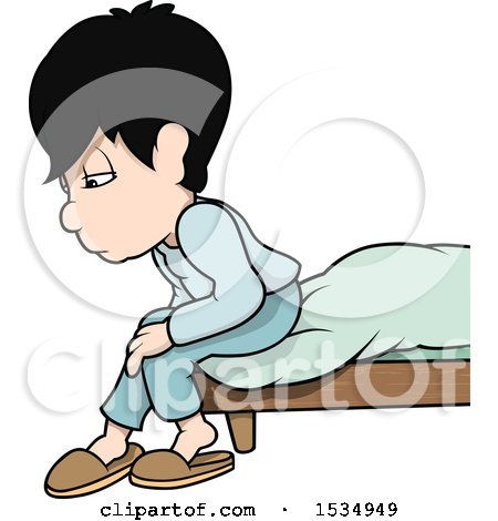 Clipart of a Sad or Tired Boy Sitting on the Foot of His Bead - Royalty Free Vector Illustration by dero