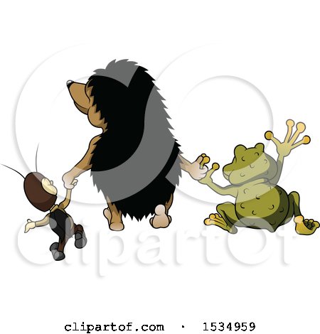 Clipart of a Rear View of a Cricket, Hedgehog and Frog Holding Hands - Royalty Free Vector Illustration by dero