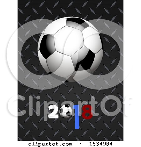 Clipart of a 3d Soccer Ball on Diamond Plate Metal with 2018 - Royalty Free Vector Illustration by elaineitalia