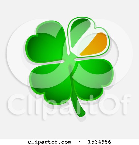 Clipart of a St Patricks Day Four Leaf Shamrock Clover with an Irish Flag Themed Petal over a Shaded Background - Royalty Free Vector Illustration by elaineitalia