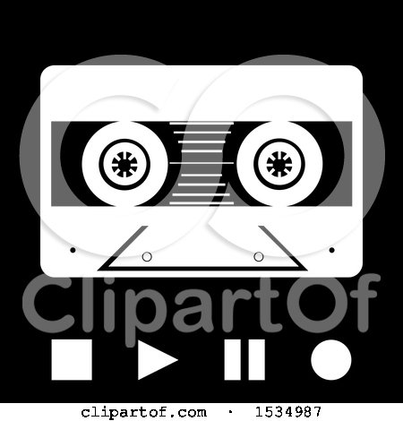 Clipart of a Cassette Tape with Stop Play Pause and Record Buttons in Black and White - Royalty Free Vector Illustration by elaineitalia