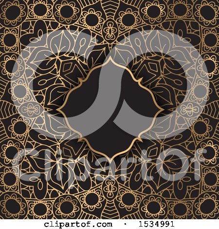 Clipart of a Blank Frame over a Background of Gold Pattern on Black - Royalty Free Vector Illustration by KJ Pargeter