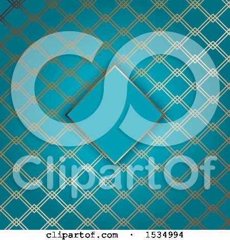 Clipart of a Blank Diamond Frame over a Background of Gold Diamonds on Blue - Royalty Free Vector Illustration by KJ Pargeter
