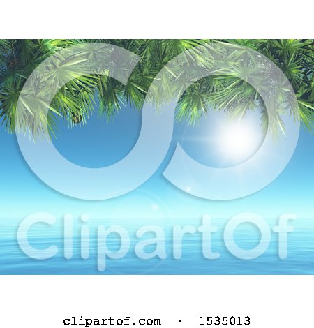 Clipart of a 3d Ocean Landscape with Palm Branches - Royalty Free Illustration by KJ Pargeter