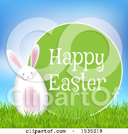Clipart of a Happy Easter Greeting with a Bunny Rabbit Egg - Royalty Free Vector Illustration by KJ Pargeter
