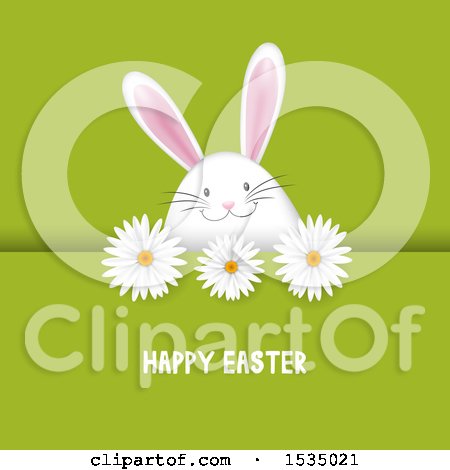 Clipart of a Happy Easter Greeting with a Bunny Rabbit Egg and Flowers on Green - Royalty Free Vector Illustration by KJ Pargeter