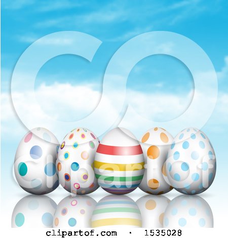 Clipart of 3d Easter Eggs over Sky - Royalty Free Vector Illustration by KJ Pargeter