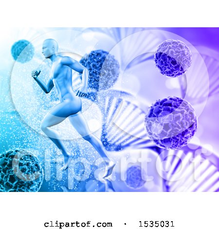 Clipart of a 3d Man Running over Virus Cells and Dna Strands - Royalty Free Illustration by KJ Pargeter