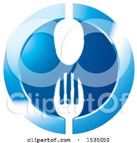Clipart of a Round Blue Icon with a Spoon and Fork - Royalty Free Vector Illustration by Lal Perera
