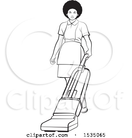 Clipart of a Black and White Housekeeper Using a Vacuum or Floor Polisher - Royalty Free Vector Illustration by Lal Perera