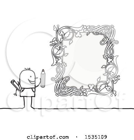 Clipart of a Stick Man Drawing an Ornate Floral Frame - Royalty Free Vector Illustration by NL shop