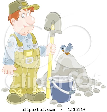 Clipart of a White Male Worker Standing with a Spade by a Bucket and Pile of Dirt with a Bird - Royalty Free Vector Illustration by Alex Bannykh