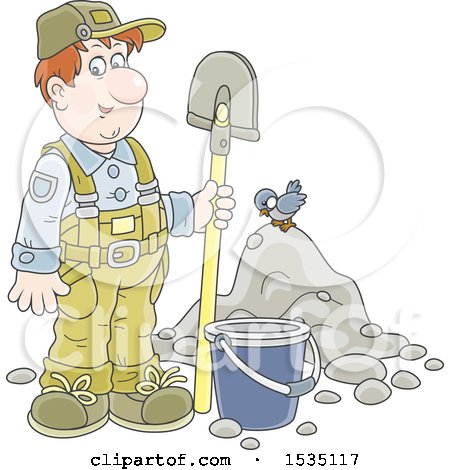 Clipart of a Caucasian Male Worker Standing with a Spade by a Bucket and Pile of Dirt with a Bird - Royalty Free Vector Illustration by Alex Bannykh
