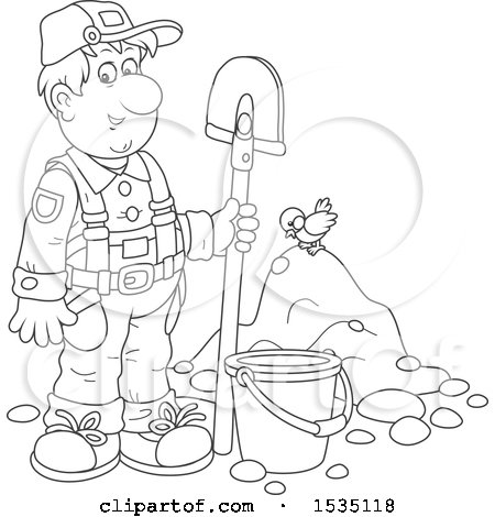 Clipart of a Black and White Male Worker Standing with a Spade by a Bucket and Pile of Dirt with a Bird - Royalty Free Vector Illustration by Alex Bannykh