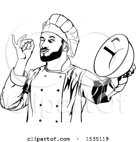 Clipart of a Black and White Male Chef Gesturing Perfect and Holding a Bowl - Royalty Free Vector Illustration by dero