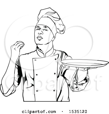 Clipart of a Black and White Male Chef Gesturing Perfect and Holding a Plate - Royalty Free Vector Illustration by dero