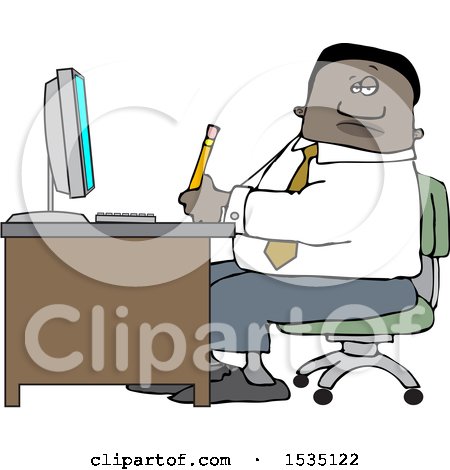 Clipart of a Black Business Man Working at an Office Desk - Royalty Free Vector Illustration by djart