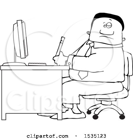 Clipart of a Lineart Black Business Man Working at an Office Desk - Royalty Free Vector Illustration by djart