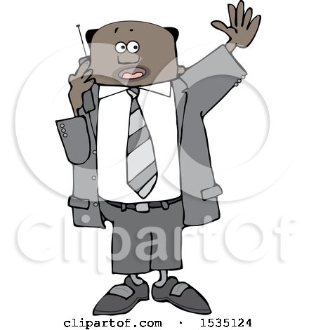 Clipart of a Black Business Man Waving and Talking on a Cell Phone - Royalty Free Vector Illustration by djart