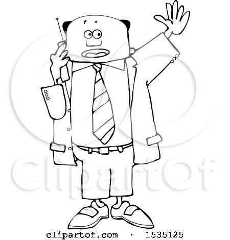 Clipart of a Lineart Black Business Man Waving and Talking on a Cell Phone - Royalty Free Vector Illustration by djart