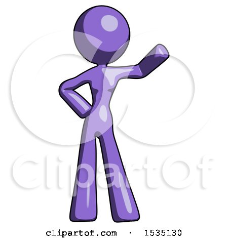 Purple Design Mascot Woman Waving Left Arm with Hand on Hip by Leo Blanchette