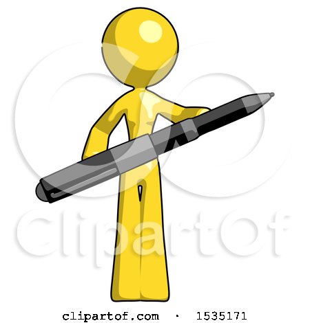 Yellow Design Mascot Woman Posing Confidently with Giant Pen by Leo Blanchette