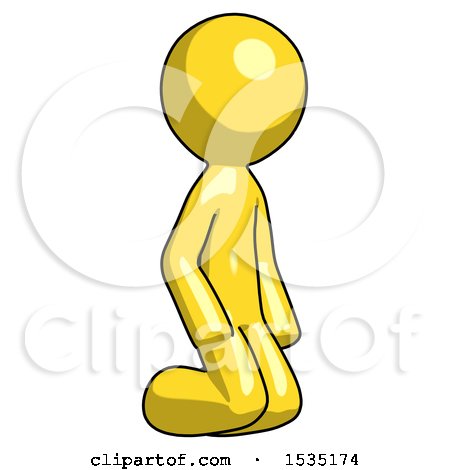 Yellow Design Mascot Man Kneeling Angle View Right by Leo Blanchette