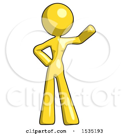 Yellow Design Mascot Woman Waving Left Arm with Hand on Hip by Leo Blanchette