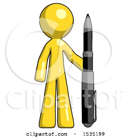 Yellow Design Mascot Man Holding Large Pen by Leo Blanchette