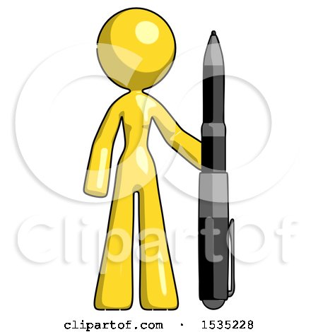 Yellow Design Mascot Woman Holding Large Pen by Leo Blanchette